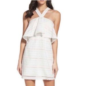 Foxiedox White Eyelet Lace Halter Ruffle Mini Dress, M